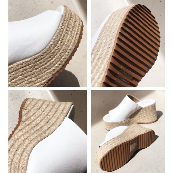 NEW White Smooth Faux Leather Espadrilles Chunky Platform Wedge Slides Sandals - Picture 9 of 13